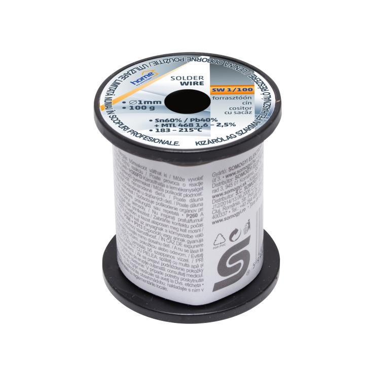 home sw 1/100 forrasztóón, 1mm, 100g, európai gyártótól származó kiváló minőségű forrasztóón, összetétel: sn/pb: 60/40%, gyanta: 2,0%