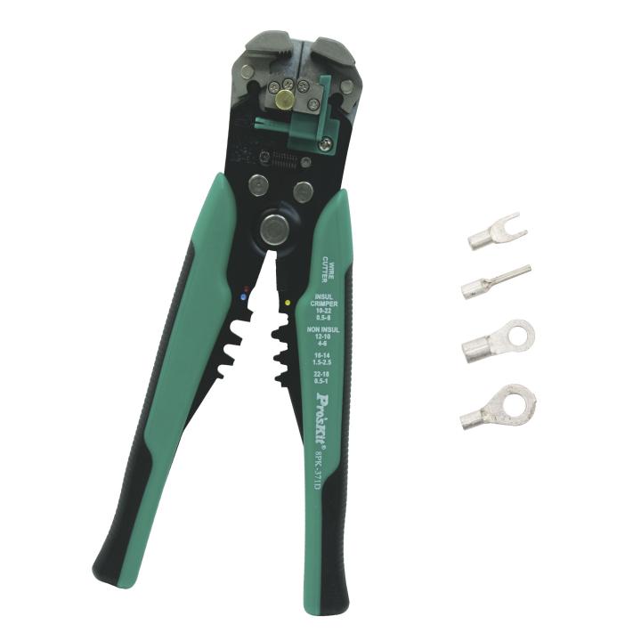 pro'skit 8pk 371d kábelcsupaszoló és préselő fogó, 210 mm, több féle mérethez, rögzíthető csupaszolási hossz