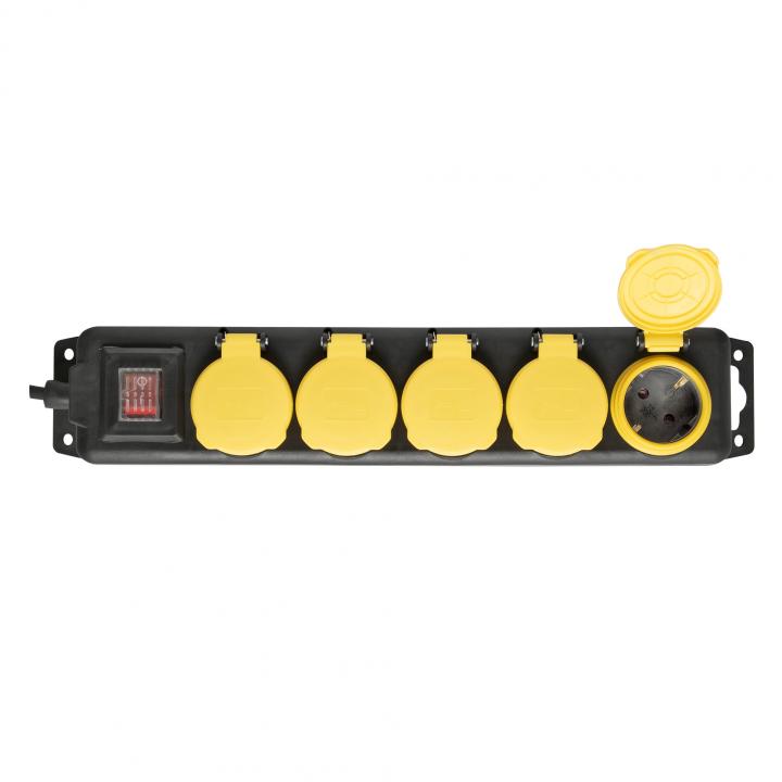 home nvo 05k/bk hálózati elosztó, 1,5 m, kapcsolós, h05rr f 3g1,0 mm2, gumikábel, ip44 védelem, 5 aljzat gyermekvédelemmel és zárófedéllel, max. 3500w