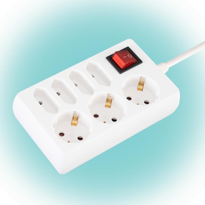 home nv 17/wh hálózati elosztó, 1,5 m, h05vv f 3g1,0 mm2 kábel, kapcsolós, ip20 kivitel, 3 védőérintkezős és 4 euro aljzat, max. 3500w, fehér