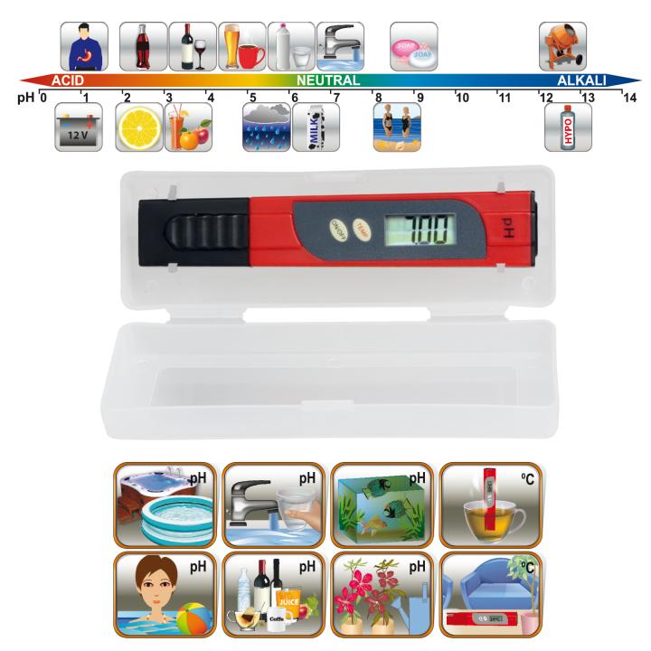 home pht 01 ph teszter & hőmérő, savasság és lúgosság mérésére, ph0,00 14,00, 0–60°c, folyadék és levegő hőmérsékletének mérése, lcd kijelző