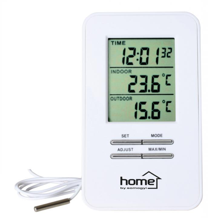 home hc 12 vezetékes külső belső hőmérő órával, bel és kültéri hőmérséklet kijelzése, vezetékes hőmérő szonda, 12/24 órás időformátum, dátum