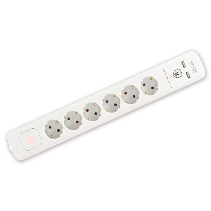home nvt 06k usb/wh túlfeszültség védett hálózati elosztó, 1,4 m, kapcsolós, h05vv f 3g1,5 mm2 kábel, 6 aljzat, max. 3680w, falra akasztható, usb töltőaljzatok