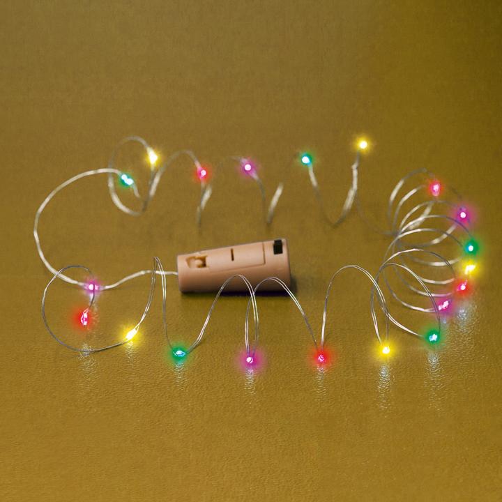 home mld 20/m micro led es fényfüzér, 2 m / 20 db színes micro led, állófényű, átlátszó vezeték, gombelemes, beltéri kivitel
