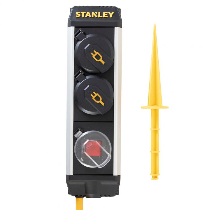 stanley sxeccc0laje 2 es elosztó kapcsolóval, 5 m, ip44 es védelem, alumínium ház, leszúrható, beltérben is használható, h07rn f 3g1,5 mm2 kábel