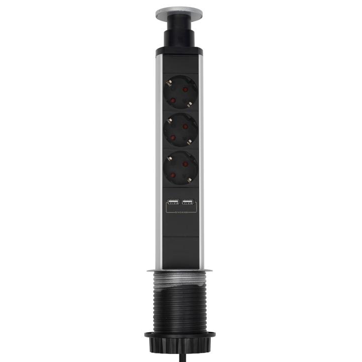 home nve 3/usb süllyesztett elosztó usb töltőaljzatokkal, 1,4 m, 3 földelt aljzat gyermekvédelemmel, asztalba, munkalapba építhető, süllyeszthető, max. 3680 w