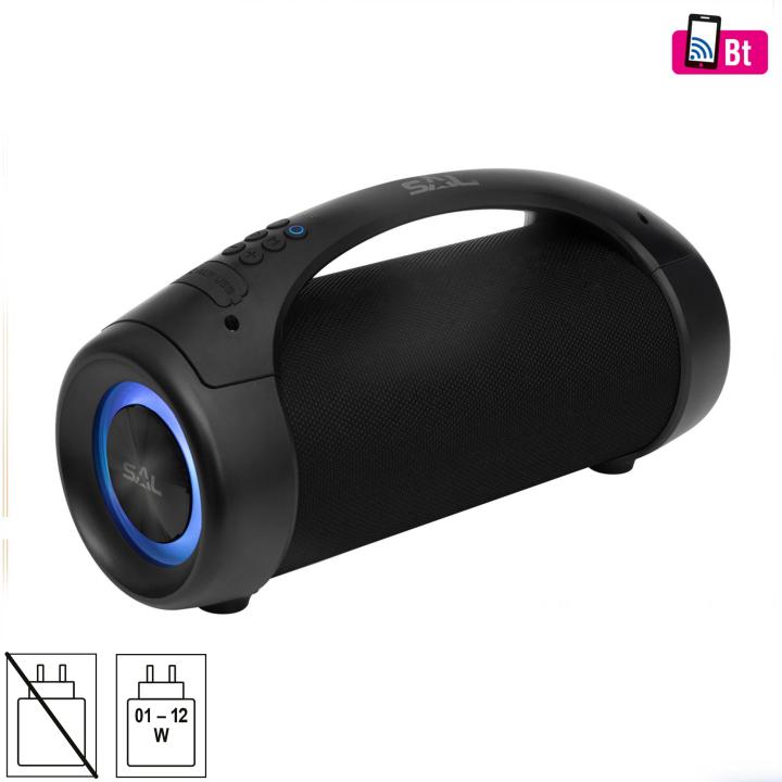 sal bt 5000 hordozható bluetooth kihangosító, 2 x 25 w, sztereó boombox, fm rádió, usb, microsd, beépített mikrofon, rgb led, ~30 óra üzemidő