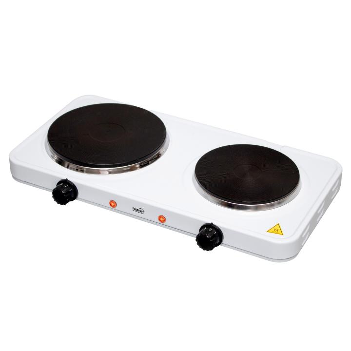 home hg r 02wh hordozható elektromos főzőlap, dupla, teljesítmény 1000 w + 1500 w, ∅15 cm + ∅18 cm főzőfelület, zománcozott készülékház, fehér