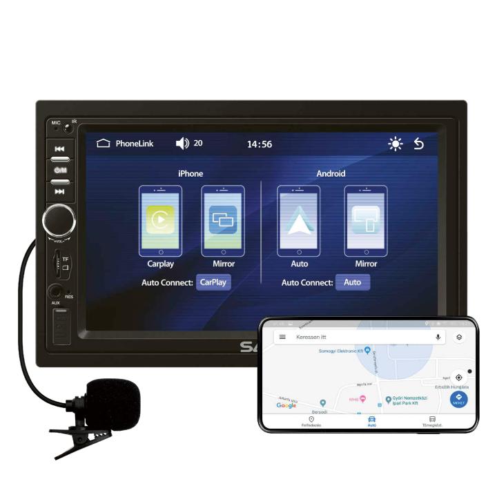 sal vbx910 autórádió és multimédiás lejátszó, cpaa multimédia, ios carplay és android auto, tükrözés, 18cm es érintő kijelző, 2xdin, bluetooth