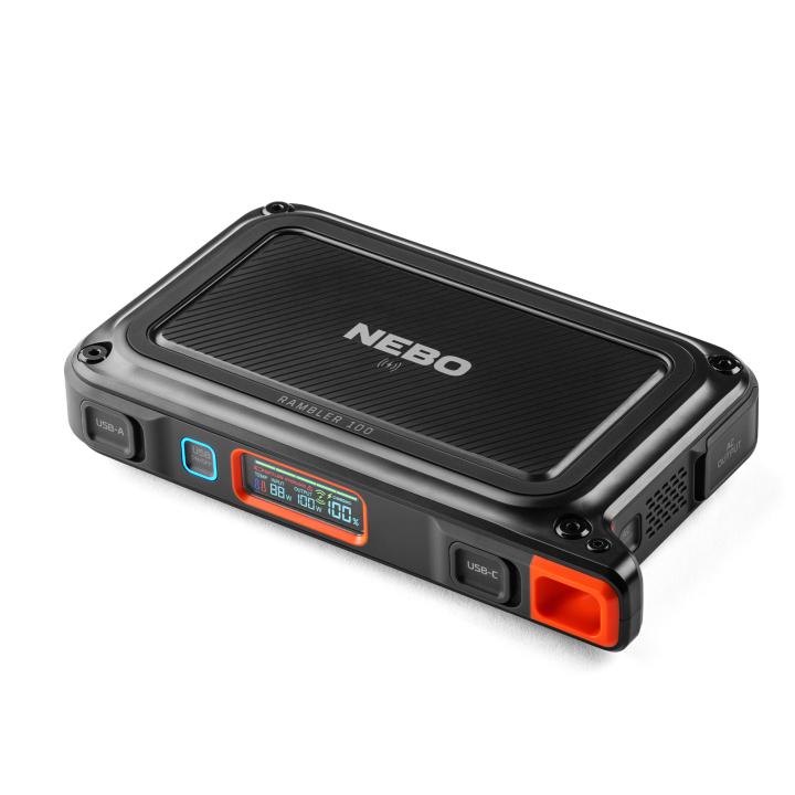 nebo neb pst 0004 g rambler ps100, powerbank, 95,9 wh, 2x usb a (2,4 a), 1x usb c pd (45w), szolárpanel kompatibilis, 385 lm lámpa