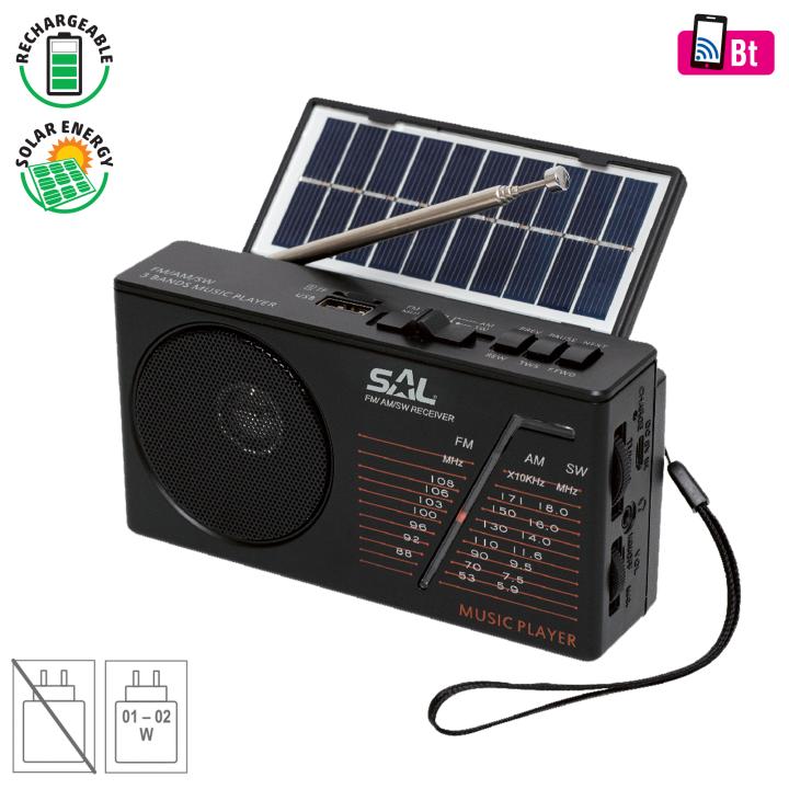 sal rph 1 napelemes rádió és multimédia lejátszó, hibrid töltés, 3 sávos am fm sw rádió, bt/usb/microsd, ~11 óra üzemidő
