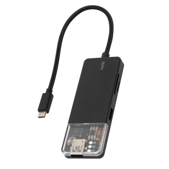 home usbhub6 dokkoló állomás, 4k hdmi, egér, billentyűzet, tf/microsd, sd, usb tároló, merevlemez, ~100 w pd, plug & play, led visszajelzés