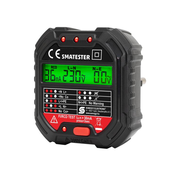 home smatester konnektor teszter, led visszajelzők, voltmérő, l n, n e, rcd ma, fi és rcd relé ellenőrző, elem nélkül működik, max. 250 v~ aljzatokhoz