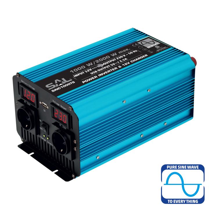 sal saic1000ts feszültségátalakító, ~1000 w névleges telj., tiszta szinuszos, 2 védőérintkezős aljzat, szünetmentes tápegység, usb, visszajelző led, lágyindítás
