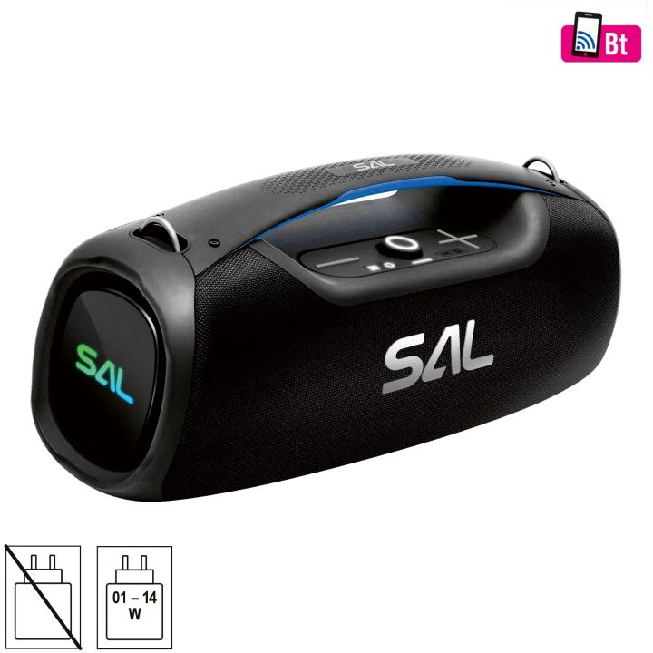 sal bt9000 hordozható boombox, vezeték nélküli hangszóró, 100 w, ipx5, bt tws, aux, usb/microsd, soft touch gombok, ~10 h üzemidő, usb c töltőkábel