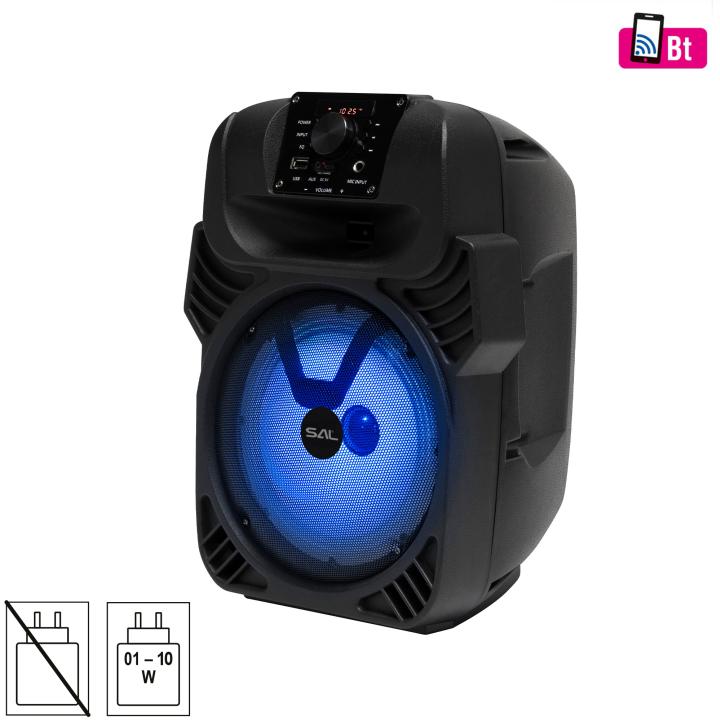 sal par20btc party hangdoboz, 2 utas hangrendszer, bass reflex mélysugárzó, bluetooth, fm rádió, digitális kijelző, led fényeffekt