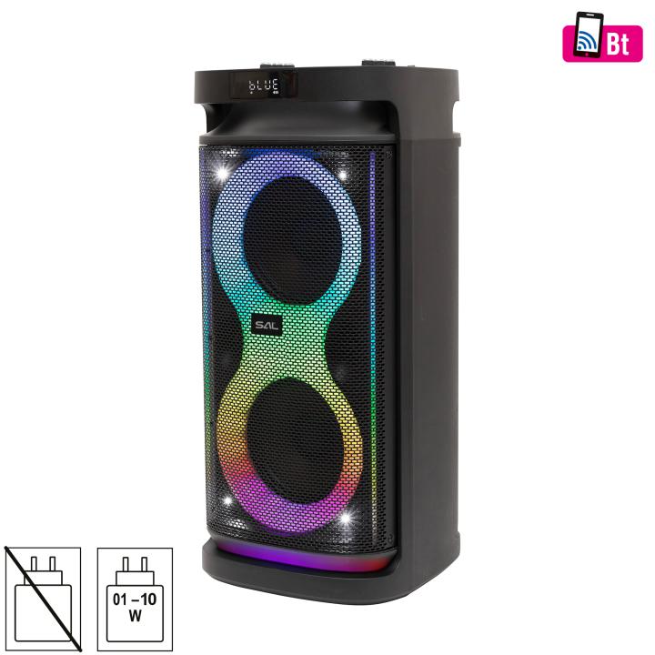 sal par2100bt party hangdoboz, 80w, beépített akkumulátor és led fénnyel, bluetooth, aux és mikrofon bemenetek, 2 utas, 3 hangszóró
