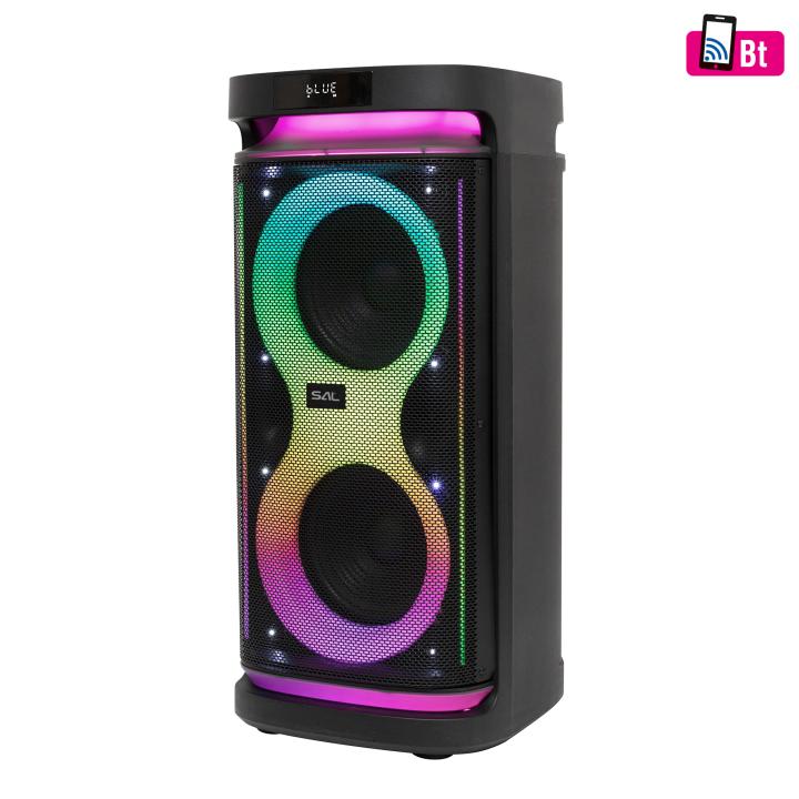 sal par2400bt party hangdoboz, 160 watt, beépített akkumulátor és led fény, bluetooth, usb/microsd zenelejátszás, gitár és mikrofon bemenetek, 2 utas, 3 hangszóró