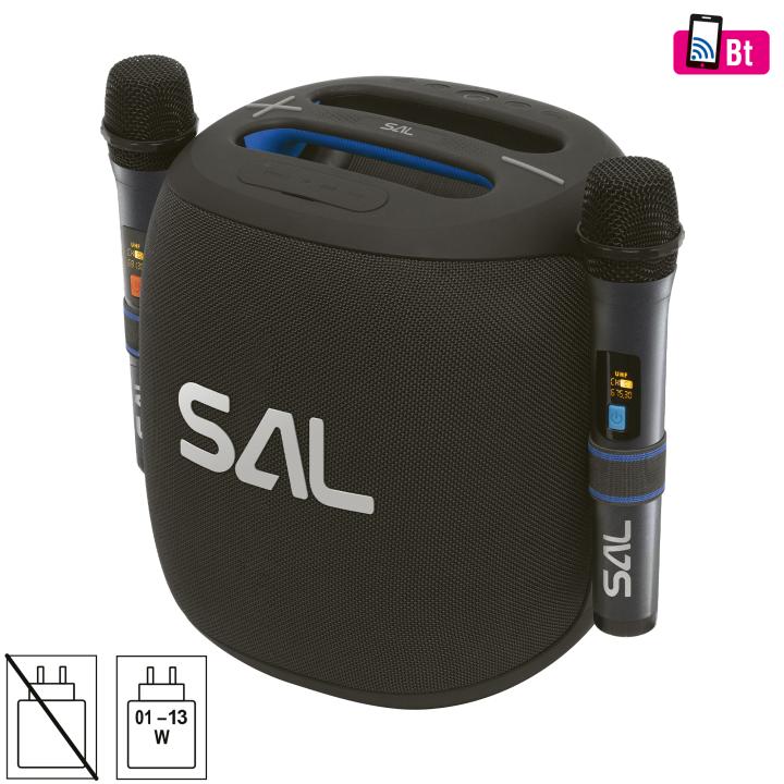 sal parcube boombox, 100 w, 2db vezeték nélküli mikrofon, 5db hangszóró, led fényeffekt, ipx5 védelem, bluetooth