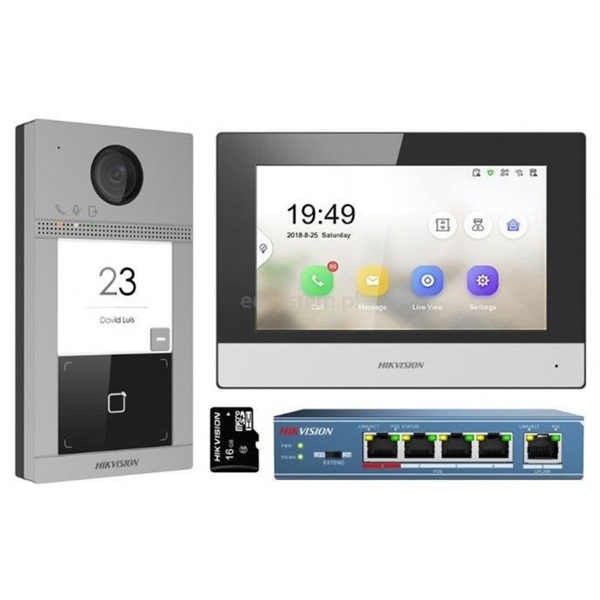 hikvision ip kaputelefon szett ds kis604 s (ds kv8113 wme1, ds kh6320 wte1, ds 3e0105p e/m, 16gb microsd kártya)