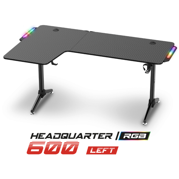 spirit of gamer gamer asztal headquarter 600 l (mdf lap, fém lábak, fekete, rgb led háttérvilágítás, 140 x 60 x 75cm)