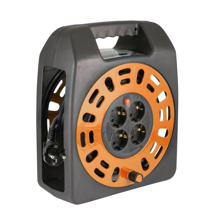 home hjr 3 20 kábeldob, 20 m, ip20 kivitel, műanyag tartó, h05vv f 3g1,0 mm2 kábel, max. 2300 w, védőkapcsoló, 4 védőérintkezős aljzat