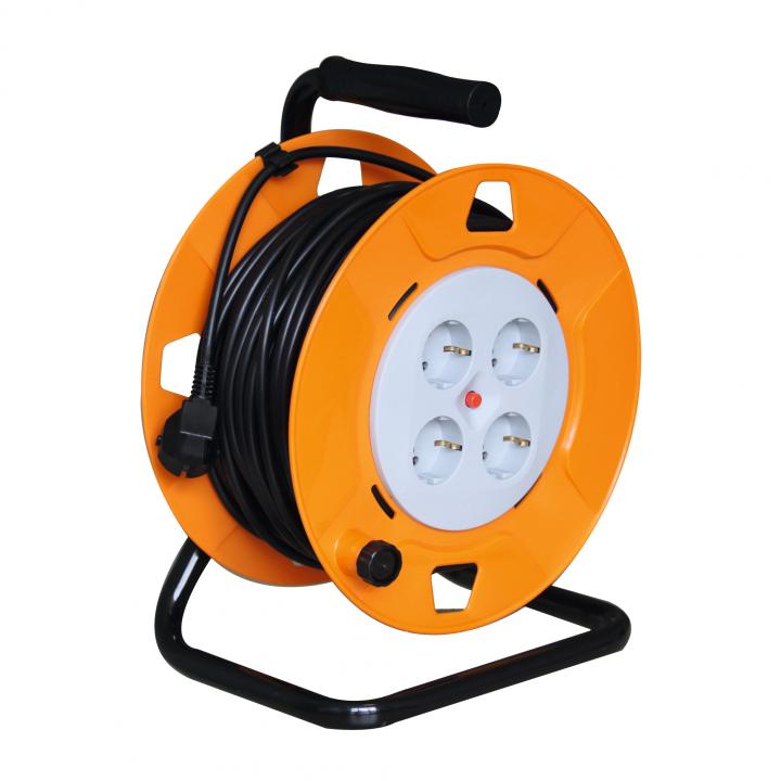 home hjr 4 50 kábeldob, 50 m, ip20 kivitel, fém talp, h05vv f 3g1,5 mm2 kábel, max. 3000 w, védőkapcsoló, 4 védőérintkezős aljzat