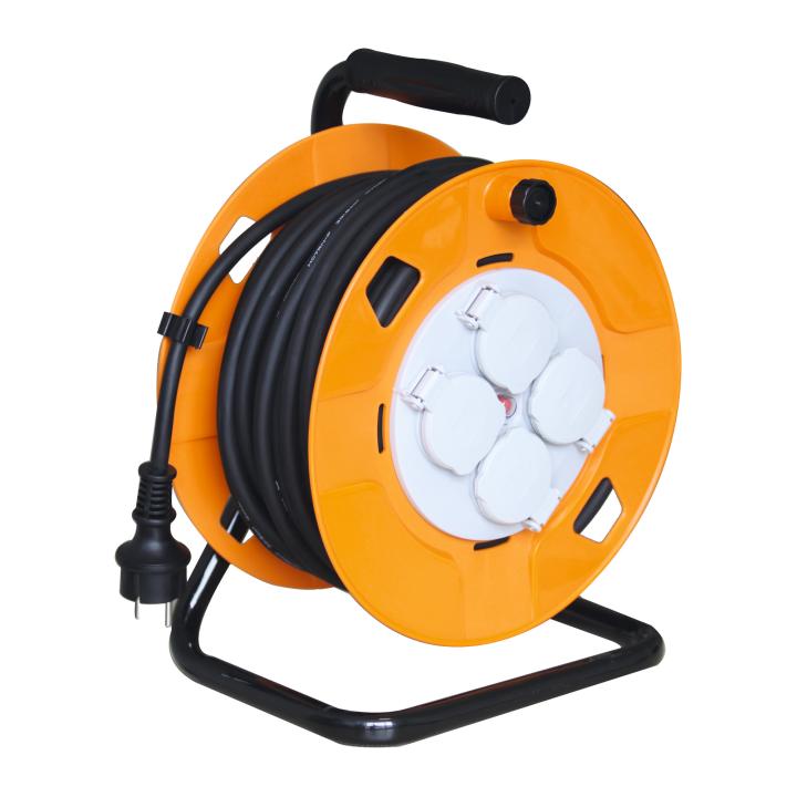 home hjr 10 30 kábeldob, 30 m, fém talp, ip44 es védelem, h07rn f 3g1,5 mm2 kábel gumi kábel, max. 3000 w, 4 aljzat takarófedéllel, védőkapcsoló