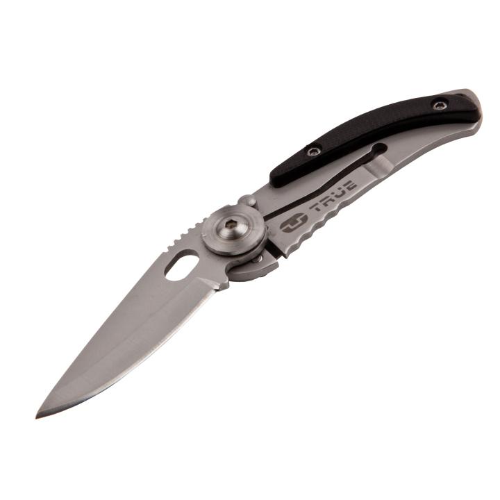 true utility skeletonknife, tu571k, 4 cm rozsdamentes acél penge, eloxált alumínium tok, karabiner rögzítési pont, jobb és balkezes