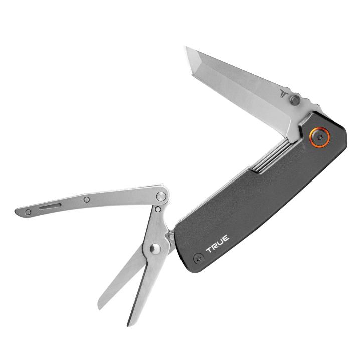 true utility dual cutter, tru mtl 0002 g, 2 in 1, 7 cm tanto penge, rugós olló, rozsdamentes acél penge, eloxált alumínium tok