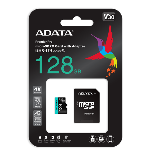adata microsd kártya 128gb microsdxc uhs i u3 class10 a2 v30s (r/w: 100/85 mb/s) + adapter