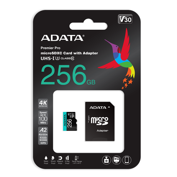adata microsd kártya 256gb microsdxc uhs i u3 class10 a2 v30s (r/w: 100/85 mb/s) + adapter