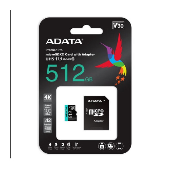 adata microsd kártya 512gb microsdxc uhs i u3 class10 a2 v30s (r/w: 100/85 mb/s) + adapter