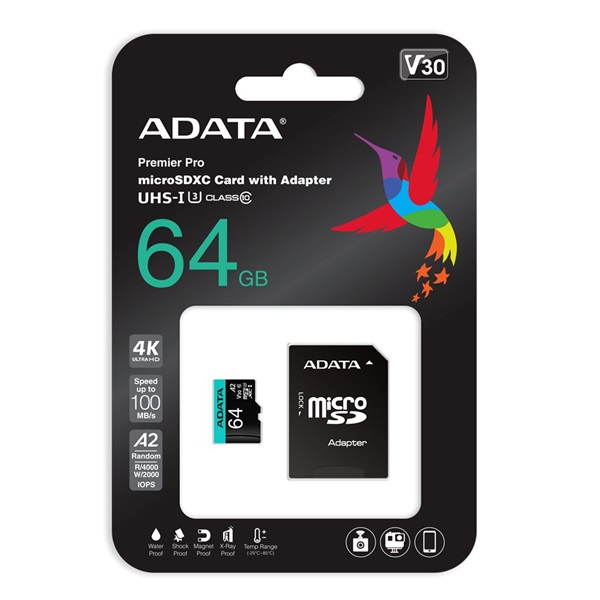 adata microsd kártya 64gb microsdxc uhs i u3 class10 a2 v30s (r/w: 100/80 mb/s) + adapter