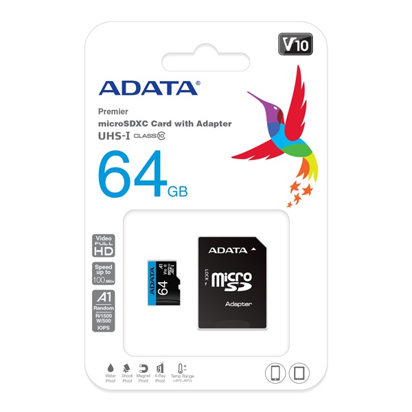 adata microsd kártya 64gb microsdxc uhs i class10 a1 v10 (r/w: 100/25 mb/s) + adapter