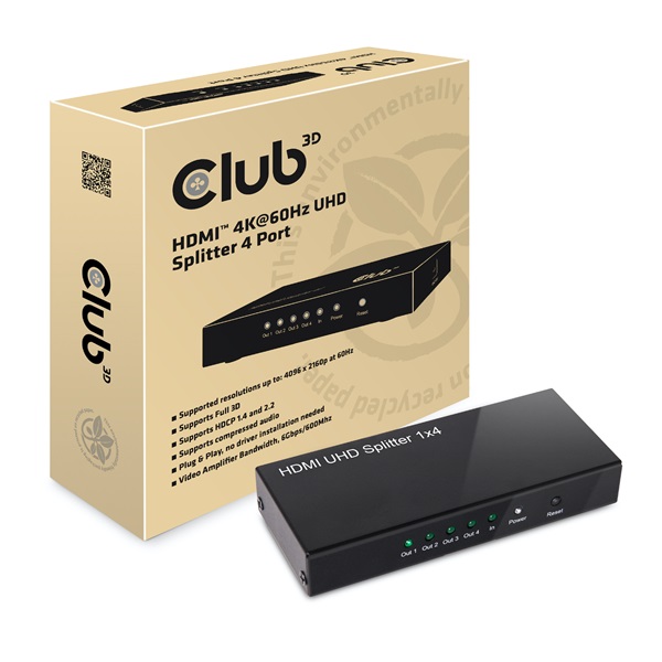 club 3d splitter csv 1380 (hdmi 2.0, 4k@60hz uhd, 4 port, 3d támogatás, hdcp 1.4/2.2)