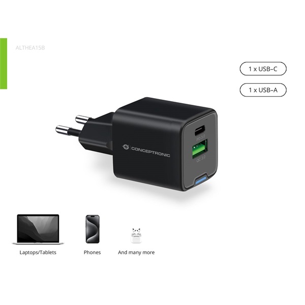 conceptronic telefon töltő adapter althea15b (usb c+usb a, 20w, fekete)