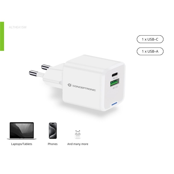 conceptronic telefon töltő adapter althea15w (usb c+usb a, 20w, fehér)