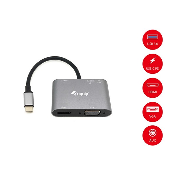 equip notebook dokkoló 133483 (bemenet: usb c, kimenet: usb c pd:100w/hdmi/vga/usb3.0/aux)