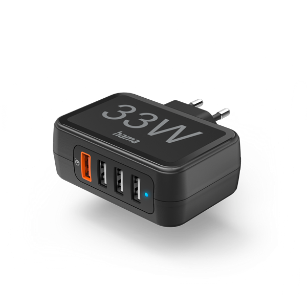 hama hálozati töltő 201629 (4in1, 4xusb a, pd/qc, 33w, fekete)