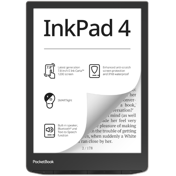 pocketbook e reader pb743g inkpad4 ezüst (7,8" e ink,háttérvilágítás, 2x1ghz,32gb,2000mah,wifi, bt, msd)