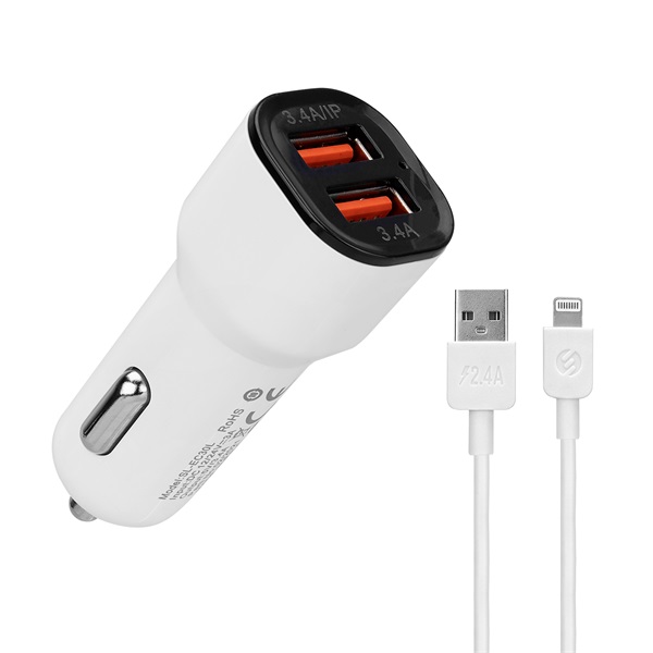 s link autós töltő sl ec30l (2db usb, 5v/2.4a/3,4a, 17w, lightning, 100cm adat+töltőkábel, fehér)